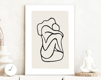 Lovers Line Art Print: Sensual Couple, Romantic Bedroom Decor Digital Download