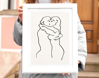 Lovers Line Art Print: Sensual Couple, Romantic Bedroom Decor Digital Download