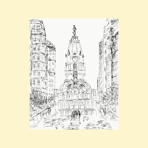 May include: A black and white sketch of a city street with a tall building in the center. The building has a dome and a clock tower. There are other buildings on either side of the street, and cars are driving down the street.