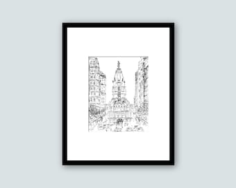 Philadelphia City Hall Pen Drawing Print | Captivating Philly Skyline Art | Timeless Wall Decor for Home | Perfect Housewarming Gift