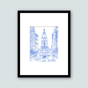 May include: A blue line drawing of a city skyline with a tall building in the center. The building has a dome and a clock tower. The drawing is framed in a black frame.