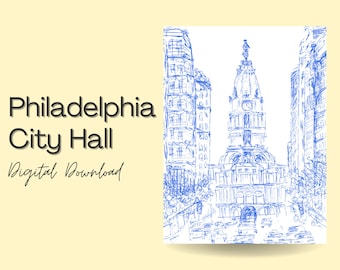 Philadelphia City Hall Blue Pen Drawing - Captivating Philly Skyline Art - Timeless Wall Decor - Perfect Housewarming Gift