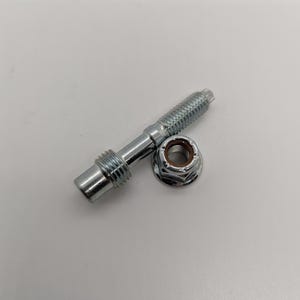May include: A silver-colored metal stud bolt with a threaded shaft and a smooth cylindrical base, accompanied by a matching hexagonal locking nut featuring a brown internal ring insert. Both components have a polished, reflective metallic finish.