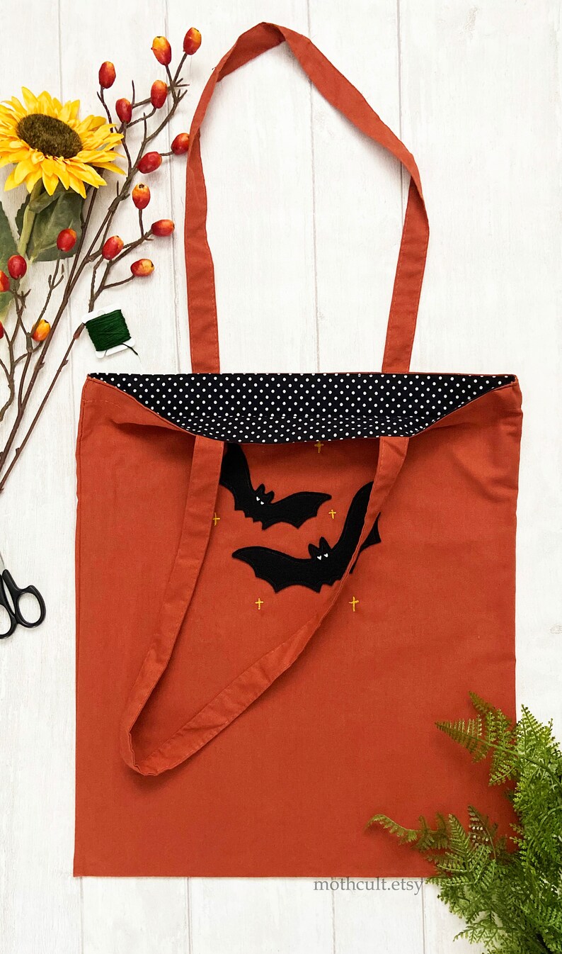 Bat Embroidery Tote Bag Wool Felt Applique Tote Halloween Fashion Organic Cotton Bag Reusable Shopping Bag Embroidered Bag