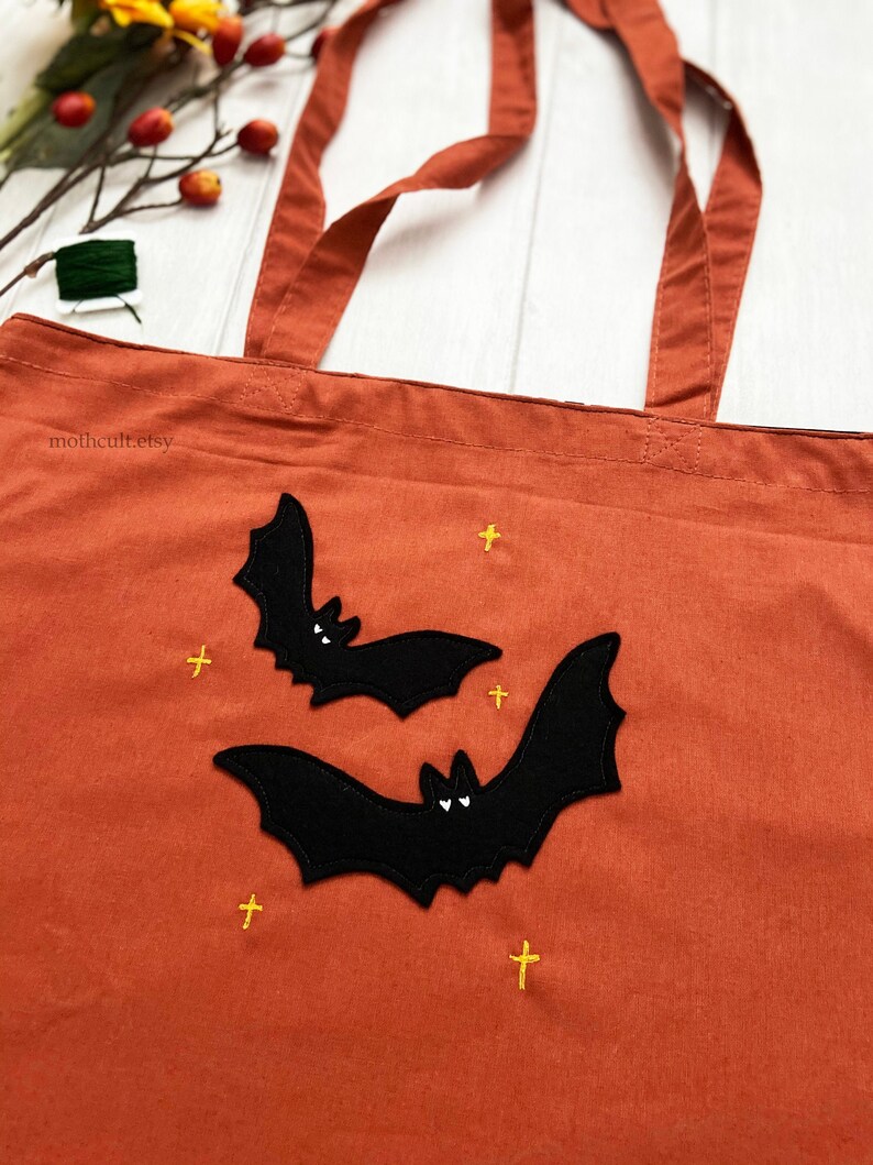 Bat Embroidery Tote Bag Wool Felt Applique Tote Halloween Fashion Organic Cotton Bag Reusable Shopping Bag Embroidered Bag