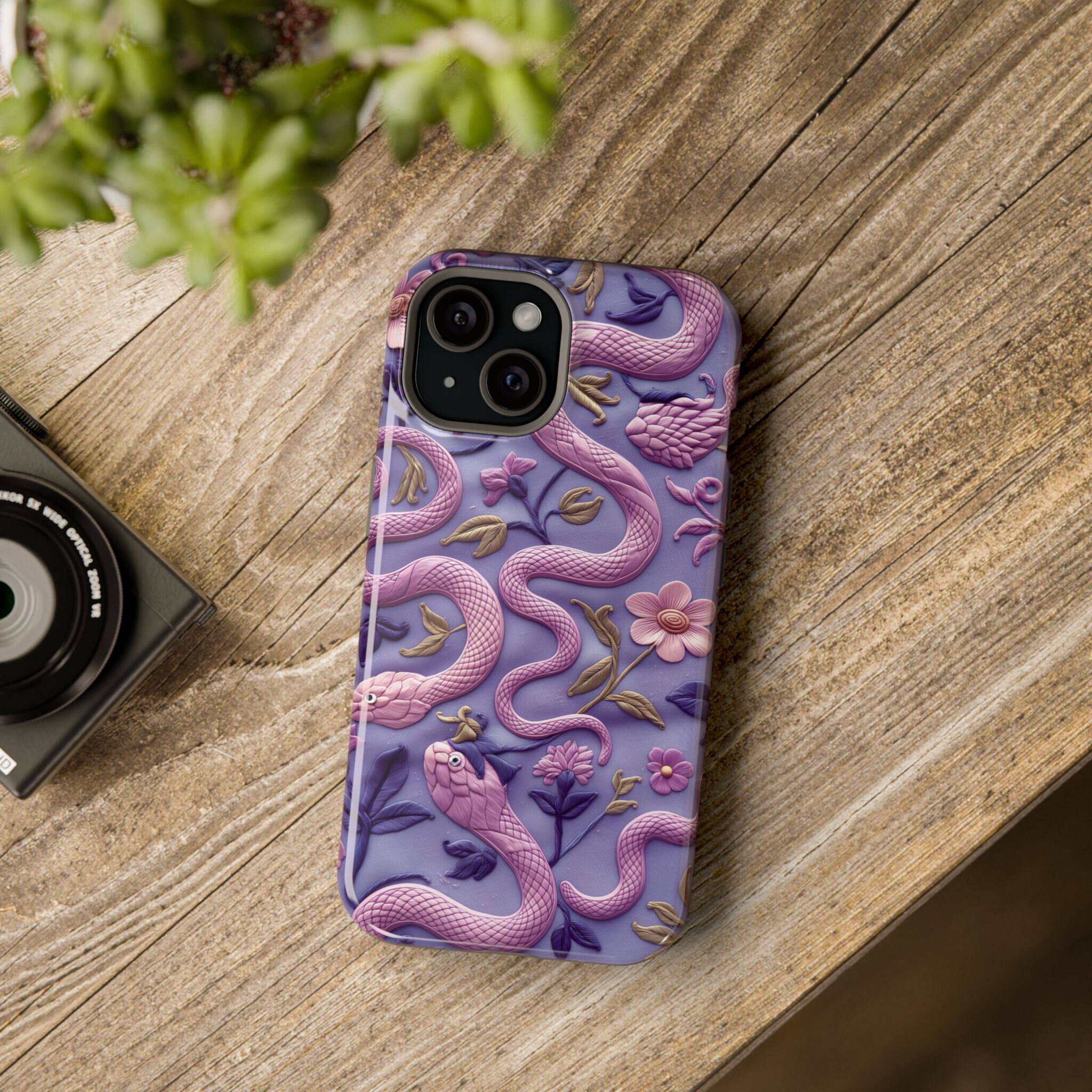 Snake Phone Protector Embroidered 3D Look Pink Snakes and Flowers Phone Cover Cottagecore ...