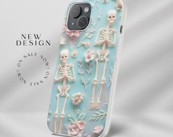 Funda para teléfono con flores y esqueletos con apariencia 3D bordada Cottagecore Vintage Funda y vinilo para iPhone