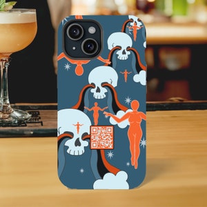 May include: A blue phone case with a repeating pattern of skulls, clouds, and figures. The case has a QR code and a black and white camera lens.