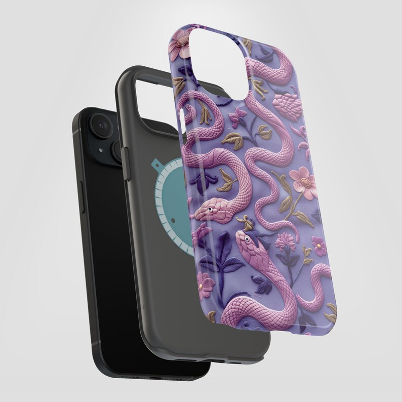 Snake Phone Protector Embroidered 3D Look Pink Snakes and Flowers Phone Cover Cottagecore ...