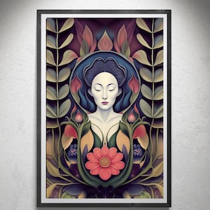 Mystical Beauty in Bloom: Surreal Dark Botanical Print with Woman - Instant Digital Download