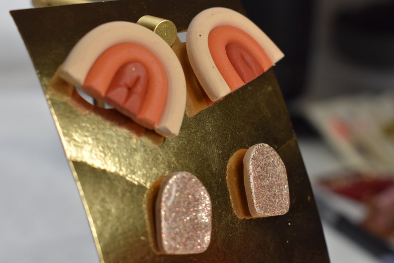 Minimalist pink glitter shiny resin stud pack Terra cotta clay orange handmade Stud earrings