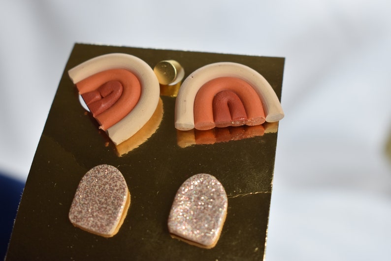 Minimalist pink glitter shiny resin stud pack Terra cotta clay orange handmade Stud earrings