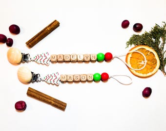 Personalized Christmas Pacifier Clip, Baby Shower Gift