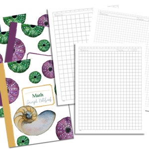 May include: A set of graph paper notebooks with a white cover featuring a nautilus shell and sea urchins. The cover also has the text "Math Graph Notebook".