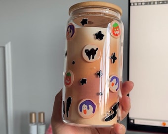 Halloween Cookies Glass Tumbler | Cute, aesthetic, cups, glassware, coffee cup, pilsbury, sugar cookie, seasonal, glass straw, 16oz