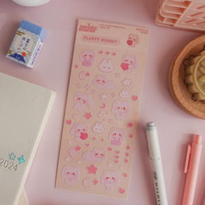 Fluffy Bunny Deco Sticker Sheet | waterproof stickers, deco stickers, polco deco, journaling, planner, korean japanese stationery