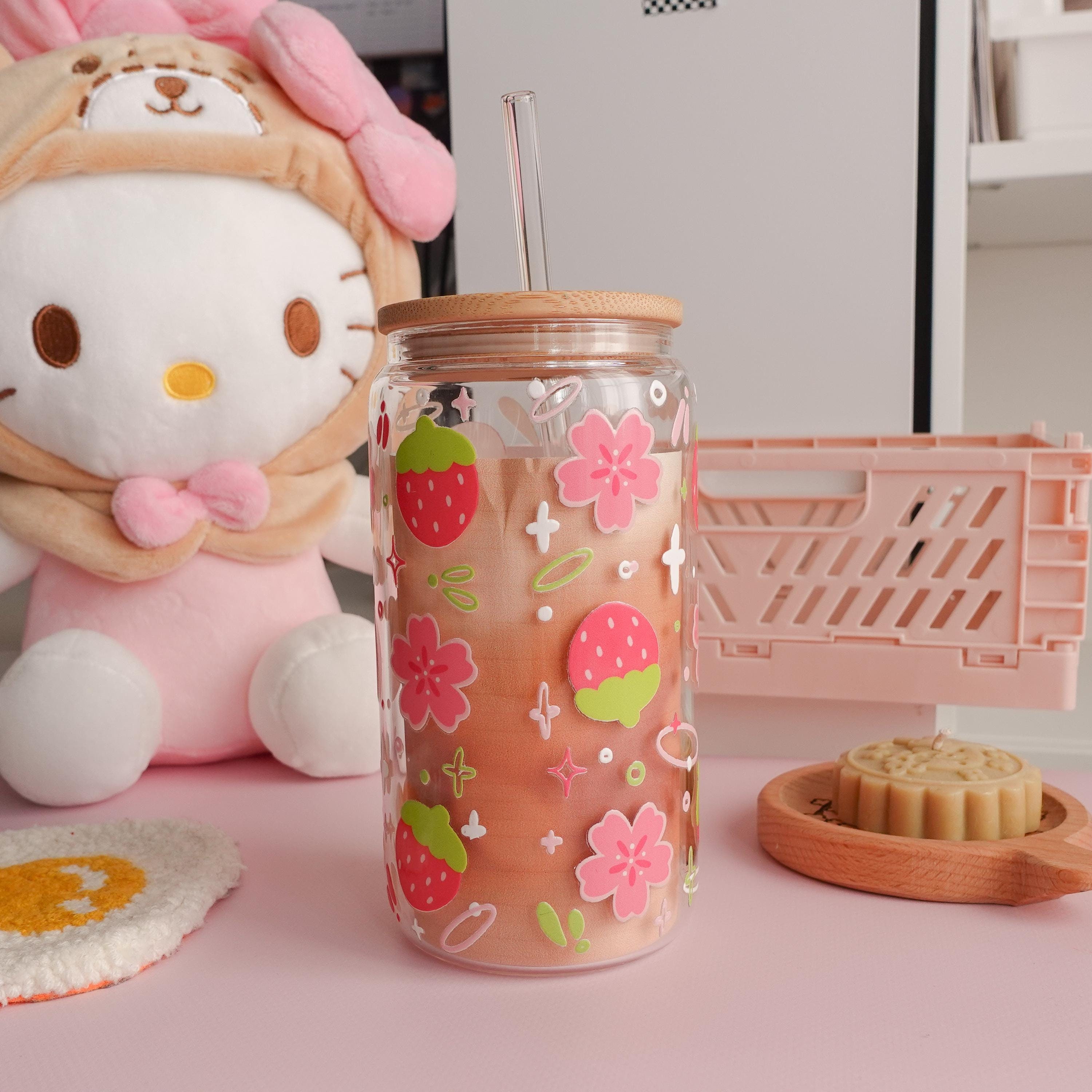 Strawberry and Sakura Clear Glass Tumbler | Cute, aesthetic, cups, glassware, coffee cup, glass straw, handwash only, 16oz