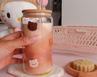 Cozy Bear Clear Glass Tumbler | Cute, aesthetic, cups, glassware, coffee cup, glass straw, handwash only, 16oz