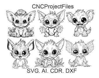 Può includere: Sei disegni in bianco e nero di creature carine in stile cartone animato con occhi grandi. Le creature sono tutte diverse, ma hanno tutte uno stile simile. Il testo "CNCProjectFiles" è nella parte superiore dell'immagine, e il testo "SVG. AI. CDR. DXF" è nella parte inferiore.