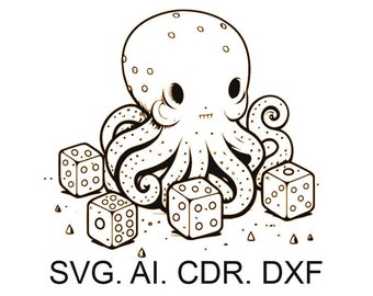 Octopus with dice, octopus player, Dungeons and dragons octopus svg, DXF for laser engraving,