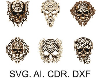 Set of Celtic skulls 1, skull with runes. Skull tattoo, DXF for laser engraving,
