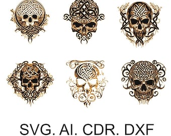 Set of Celtic skulls 2, skull with runes. Skull tattoo, DXF for laser engraving,