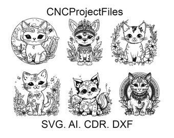 Può includere: Sei illustrazioni in bianco e nero di gatti con disegni intricati. Ogni gatto è in una posa diversa e ha un design unico. Il testo "CNCProjectFiles" e "SVG. AI. CDR. DXF" sono in alto e in basso nell'immagine, rispettivamente.