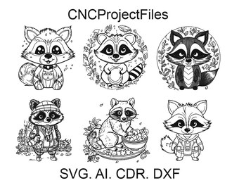 Può includere: Sei disegni in bianco e nero di procioni in varie pose. I procioni indossano cappelli, tengono frutta e alcuni indossano giacche. Il testo "CNCProjectFiles" e "SVG. AI. CDR. DXF" è incluso anche nell'immagine.