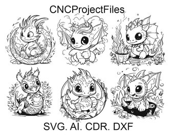 Little cute dragons SET 3, dragon in shell, dragon svg, DXF for laser engraving