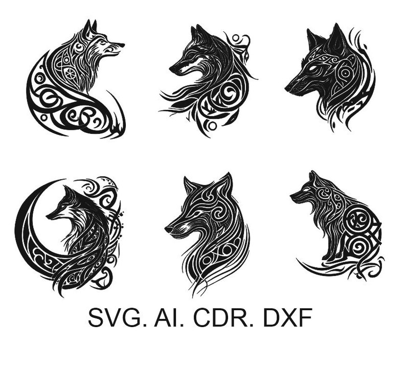 Keltisk varg set 1, varghuvud, tatueringsskiss, varg svg, räv svg, DXF för lasergravering, bild 2