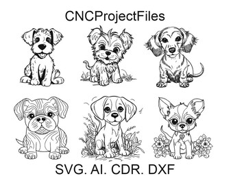 Può includere: Un set di sei disegni in bianco e nero di diverse razze di cani. I cani sono tutti in posizione seduta e hanno uno stile da cartone animato. I disegni sono etichettati con il testo "CNCProjectFiles" e "SVG. AI. CDR. DXF".