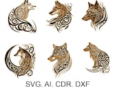 Celtic wolf set 1, wolf head, tattoo sketch, wolf svg, fox svg, DXF for laser engraving,