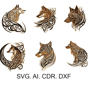 Celtic wolf set 1, wolf head, tattoo sketch, wolf svg, fox svg, DXF for laser engraving,