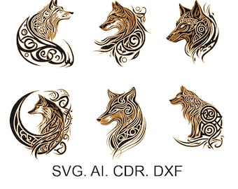 Celtic wolf set 1, wolf head, tattoo sketch, wolf svg, fox svg, DXF for laser engraving,