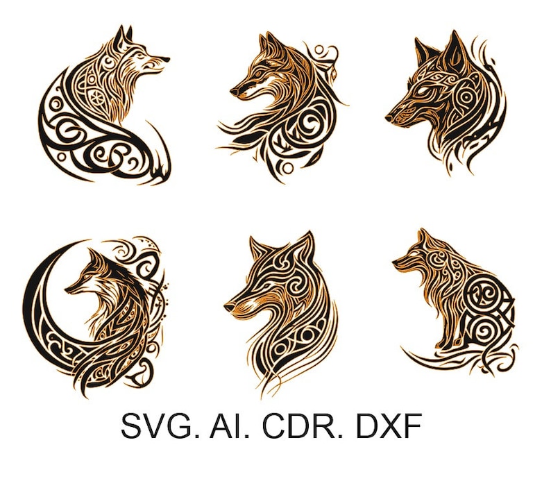 Keltisk varg set 1, varghuvud, tatueringsskiss, varg svg, räv svg, DXF för lasergravering, bild 1