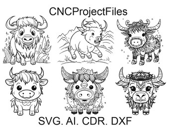 Può includere: Sei illustrazioni in bianco e nero di yak dei cartoni animati. Ogni yak ha un design e un'espressione diversi. Le illustrazioni sono etichettate "CNCProjectFiles" e "SVG. AI. CDR. DXF".