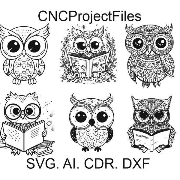 Funny owls SET 2, Owl with a book svg, DXF for laser engraving