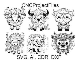 Può includere: Cinque illustrazioni in bianco e nero di yak stilizzati con diversi motivi e design. Le illustrazioni sono etichettate "CNCProjectFiles" e "SVG. AI. CDR. DXF".