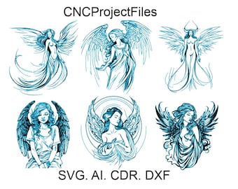 Girl angel SET, angel tattoo, modern angel svg, DXF for laser engraving