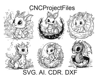 Little cute dragons SET 2, dragon in shell, dragon svg, DXF for laser engraving