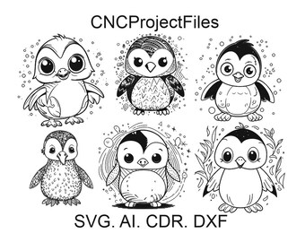 Cheerful penguin SET, baby penguin, cartoon penguin svg, DXF for laser engraving
