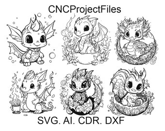 Può includere: Sei illustrazioni in bianco e nero di simpatici draghi in varie pose. Il testo "CNCProjectFiles" è in alto nell'immagine. Il testo "SVG. AI. CDR. DXF" è in basso nell'immagine.