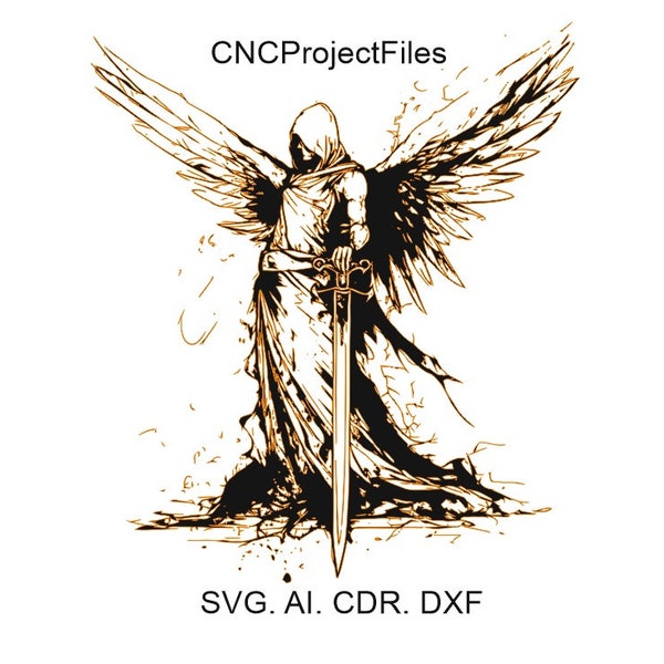 Warrior angel with a sword. Defender angel. Angel svg, DXF for laser engraving