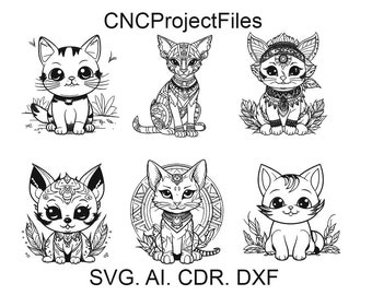 Può includere: Un set di sei file di taglio digitale in bianco e nero che presentano gatti carini con disegni intricati. I file sono etichettati "CNCProjectFiles" e "SVG. AI. CDR. DXF".
