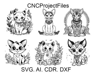 Può includere: Sei illustrazioni in bianco e nero di gatti con pose e design diversi. I gatti indossano collane e alcuni hanno disegni floreali intorno a loro. Il testo "CNCProjectFiles" e "SVG. AI. CDR. DXF" si trova nella parte superiore e inferiore dell'immagine.