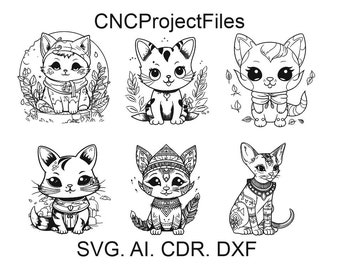 Può includere: Sei illustrazioni in bianco e nero di gatti in diverse pose. I gatti indossano diversi accessori, come cappelli, sciarpe e gioielli. Le illustrazioni sono su uno sfondo bianco. SVG. AI. CDR. DXF