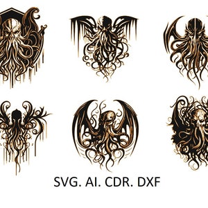 SET Cthulhu 2 SVG, Lovecraft Eldritch Horror Clipart, DXF für Lasergravur, Lord of the Deep