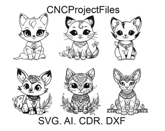 Può includere: Sei illustrazioni in bianco e nero di gatti carini con disegni intricati. I gatti sono in varie pose, tra cui seduti, in piedi e sdraiati. Il testo "CNCProjectFiles" è nella parte superiore dell'immagine, e il testo "SVG. AI. CDR. DXF" è nella parte inferiore.