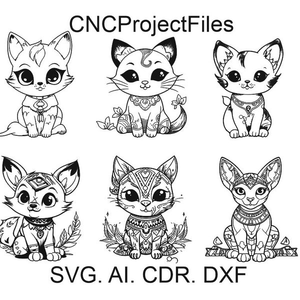 Funny cats SET 5, Cartoon cats, Egyptian cat, Asian cat, Svg  kitty, DXF for laser engraving