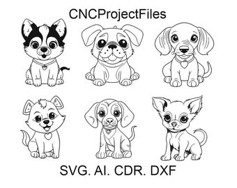 Cuccioli di cane SET 3, cuccioli divertenti, cani giocosi svg, DXF per incisione laser
